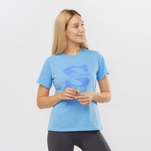 T Shirts Salomon OUTLIFE BIG LOGO Short Sleeve Femme Bleu | GTCFS-5780