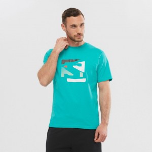 T Shirts Salomon OUTLIFE GRAPHIC DISRUPTED LOGO SS M Short Sleeve Homme Turquoise | HJEIB-1259