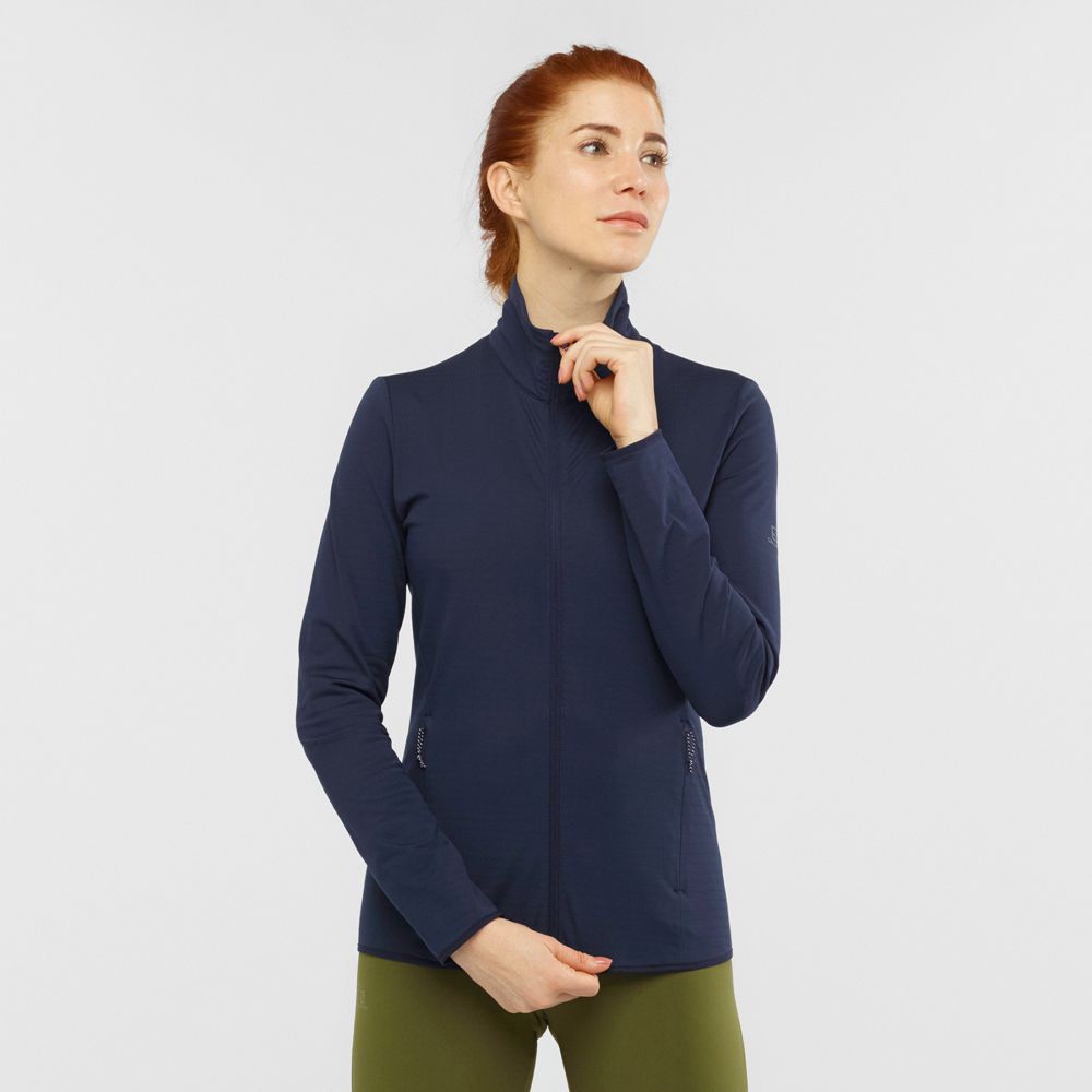 Couches Intermédiaires Salomon ESSENTIAL LIGHTWARM Full Zip Jacket Femme Bleu Marine | OUHDR-3264