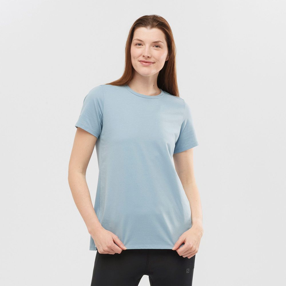 T Shirts Salomon OUTLIFE LAYERING W Short Sleeve Femme Bleu | SDBKA-3952