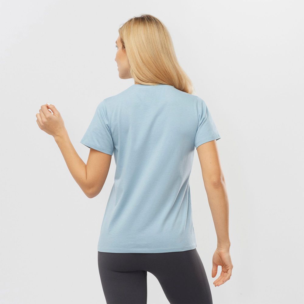 T Shirts Salomon OUTLIFE SMALL LOGO SS W Short Sleeve Femme Bleu | MQWKC-3875