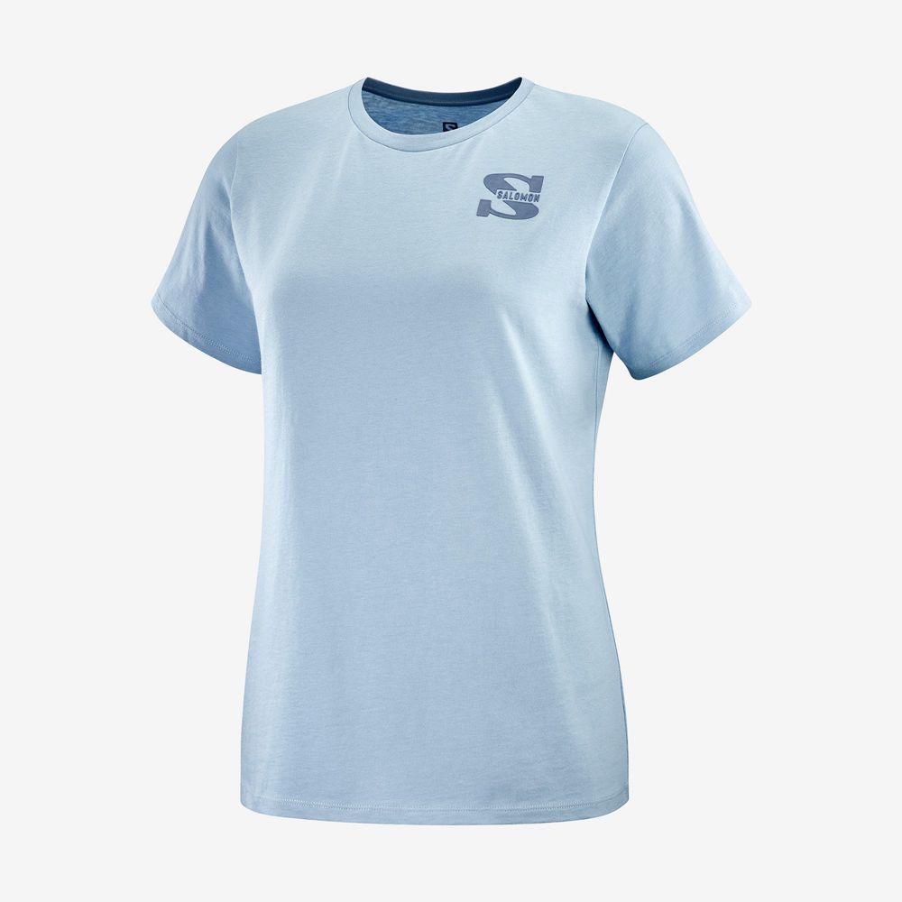 T Shirts Salomon OUTLIFE SMALL LOGO SS W Short Sleeve Femme Bleu | MQWKC-3875